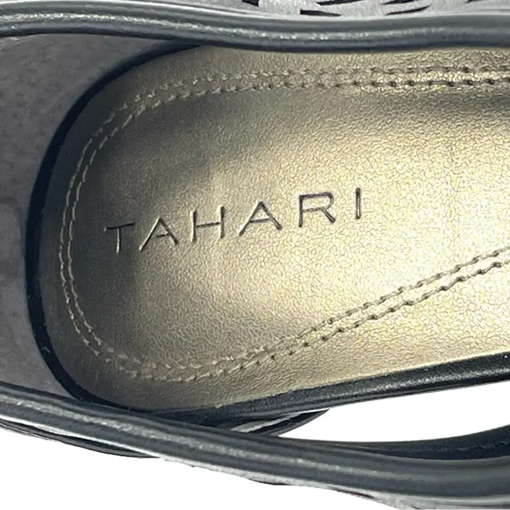 Tahari Lilith Black Stiletto Heels Sz 8.5 Open Toe Leather Laser Cut-Out Accent